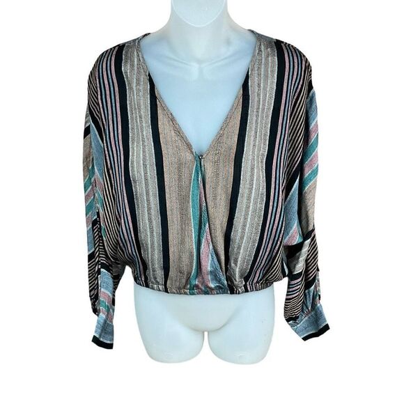 American Eagle Outfitters Tops - American Eagle Crop Top Surplice Front Black Tan Grey Stripe Clasp Closure Small
